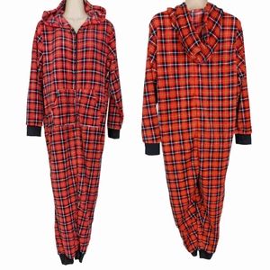 PILLOW TALK Tartan Plaid Hooded Kangaroo Pocket Union Suit Sleeper NWT S…